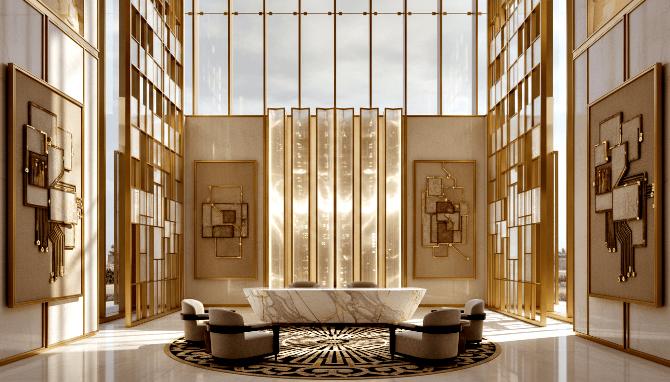 CGI lobby: marble reception desk, taupe armchairs on black-gold sunburst rug, gold lattice screens, glowing crystal installation.