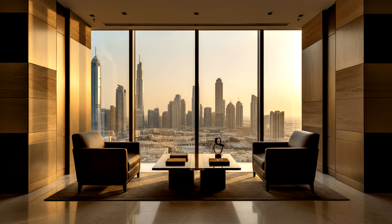 Two dark brown leather armchairs face a brass-accented coffee table in amber sunset light before a glass wall with urban skyline.