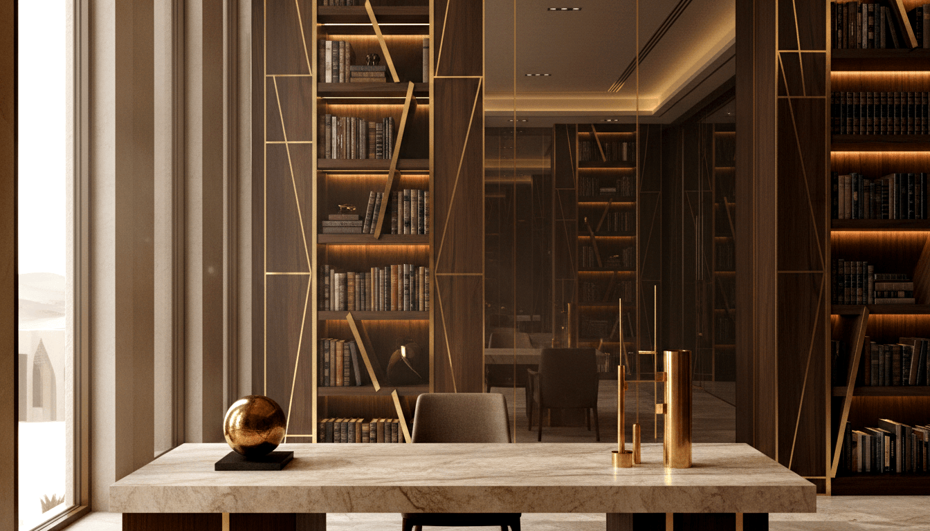 CGI private study with dark walnut floor-to-ceiling bookshelves, amber backlighting, gold inlays, leaning ladder, and marble-topped desk.