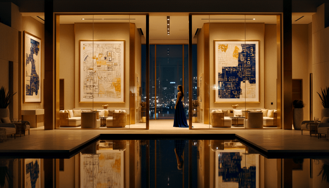 Woman in navy gown centered at glass opening, city skyline glowing behind her, flanked by blue-and-gold artworks.