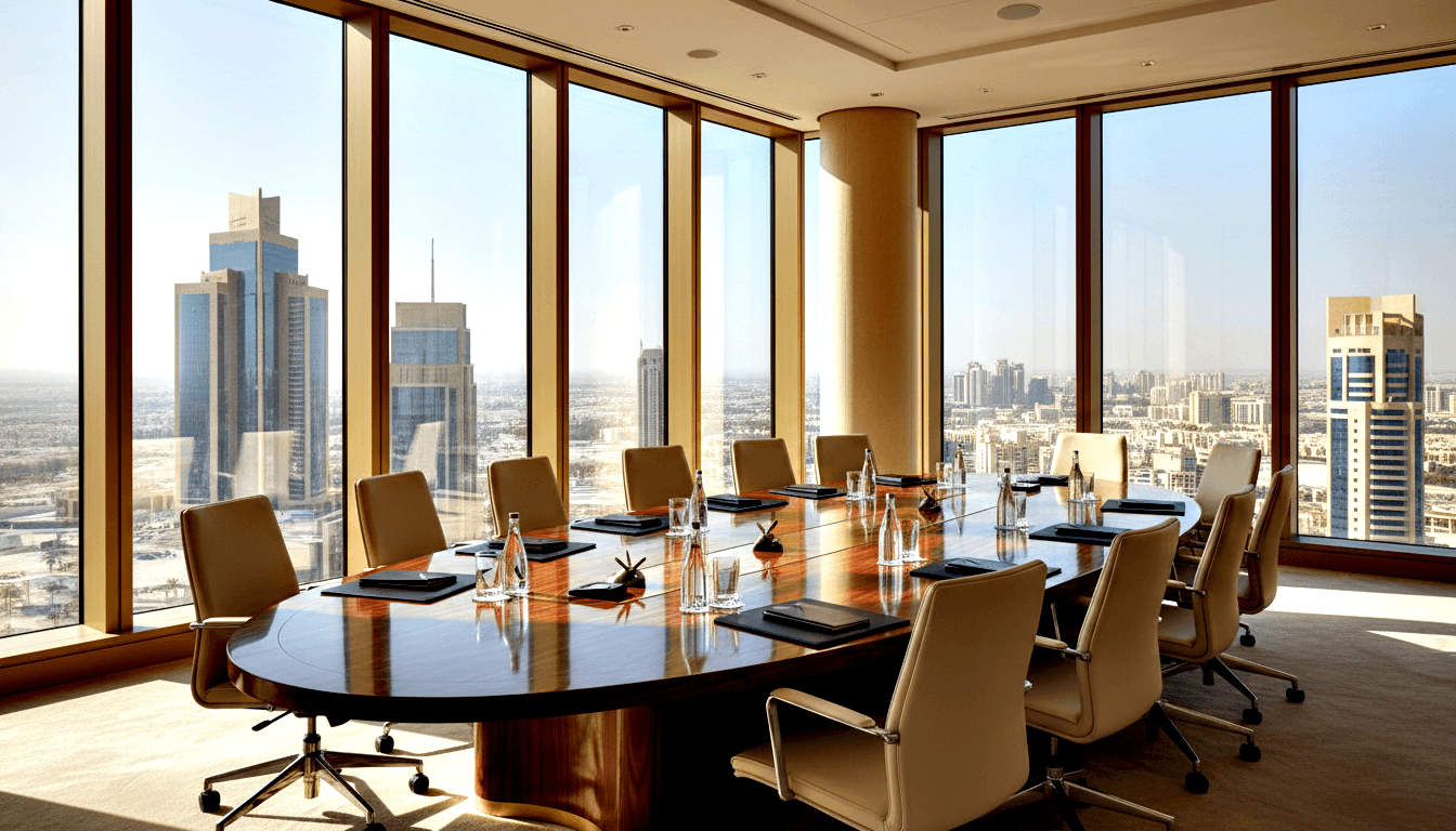 Corner boardroom with floor-to-ceiling glass on two sides, oval dark reddish-brown table, cream leather chairs, water bottles, black folders.