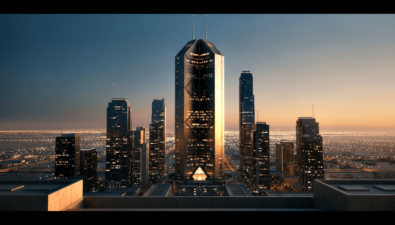 CGI skyscraper with diamond-patterned glass facade and antenna spires at dusk, glowing triangular entrance beside circular plaza.