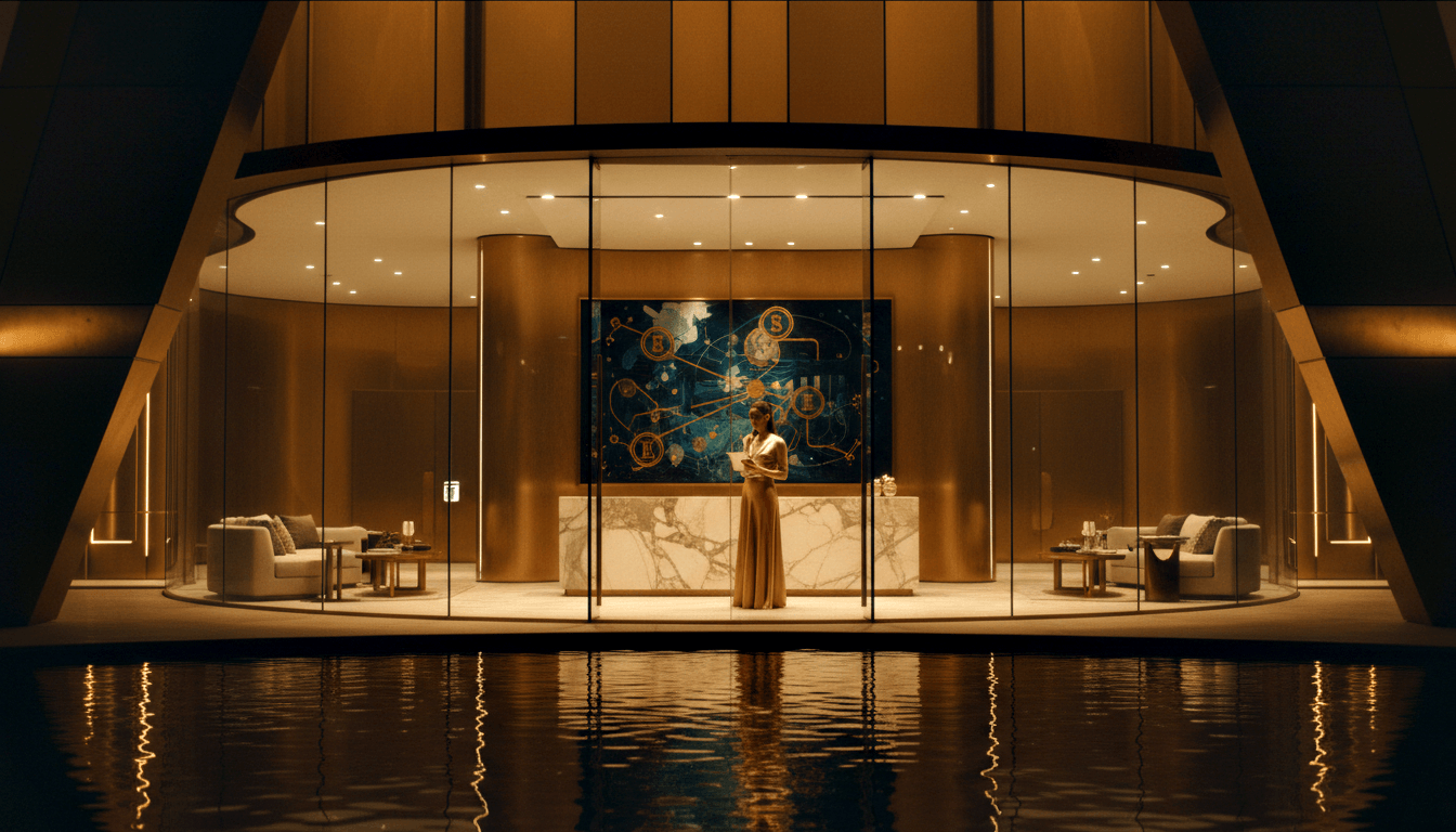 Woman in champagne dress at marble reception desk, amber-lit gold columns, teal circular artwork behind, water feature foreground.