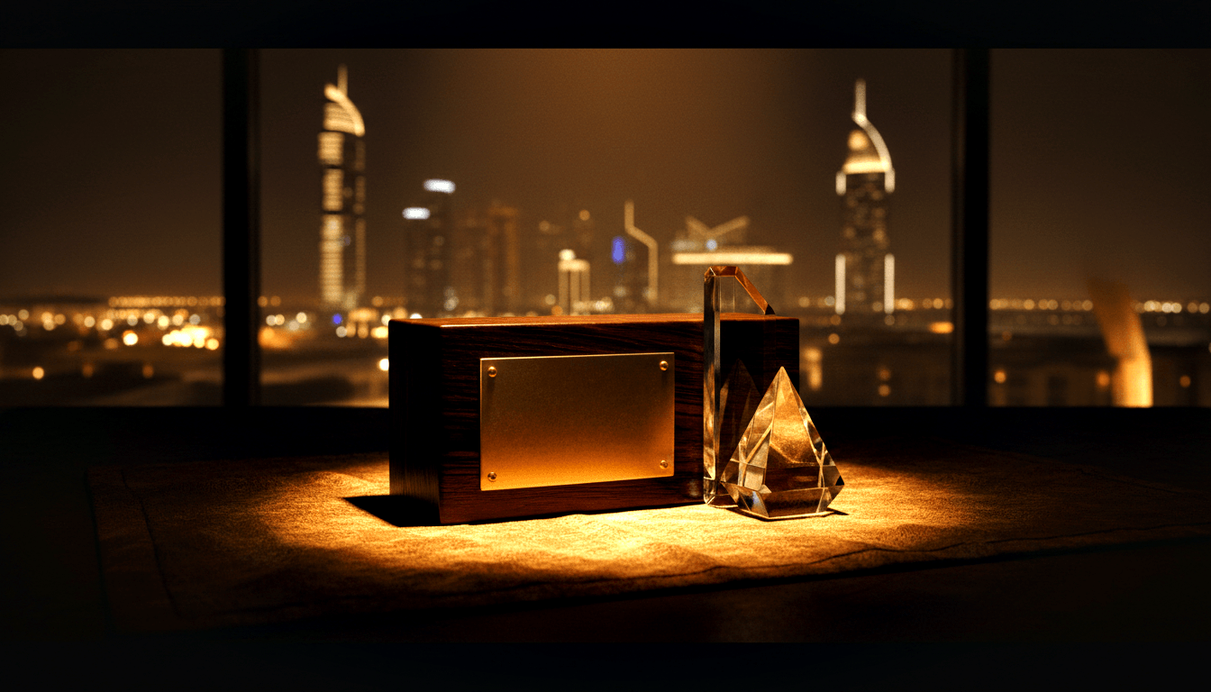 Dark hardwood box with blank brass plaque beside a faceted crystal pyramid, glittering skyline bokeh in background.