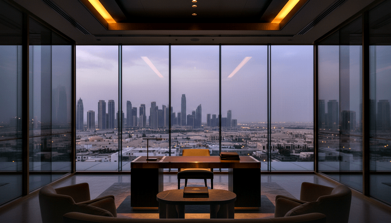 Walnut executive desk, mustard chair, floor-to-ceiling glass walls with twilight skyline; lounge chairs flank coffee table in foreground.