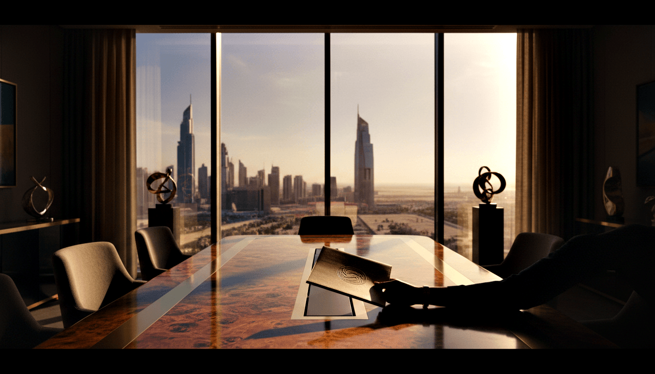 High-rise boardroom with burled-wood table, floor-to-ceiling windows over desert skyline, silhouetted hand reaching toward a document portfolio.