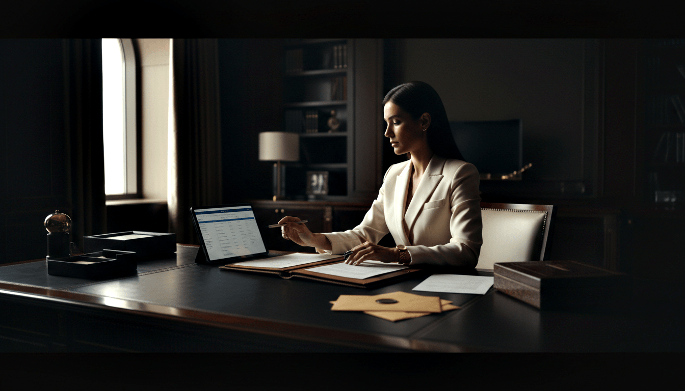 Woman with long dark hair and cream blazer sits at dark wood desk, holding pen over paper documents beside a tablet.