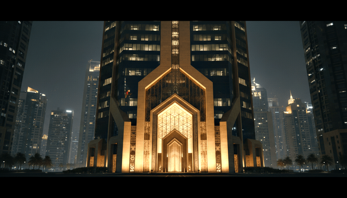 CGI skyscraper at night, cream-and-stone facade with pointed arches, geometric lattice screens in amber-gold light, palm trees flanking entrance.