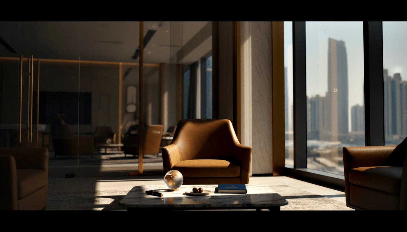 Cognac leather armchairs around a marble coffee table with a blue book, pen, dish, and small gold globe on the floor nearby.