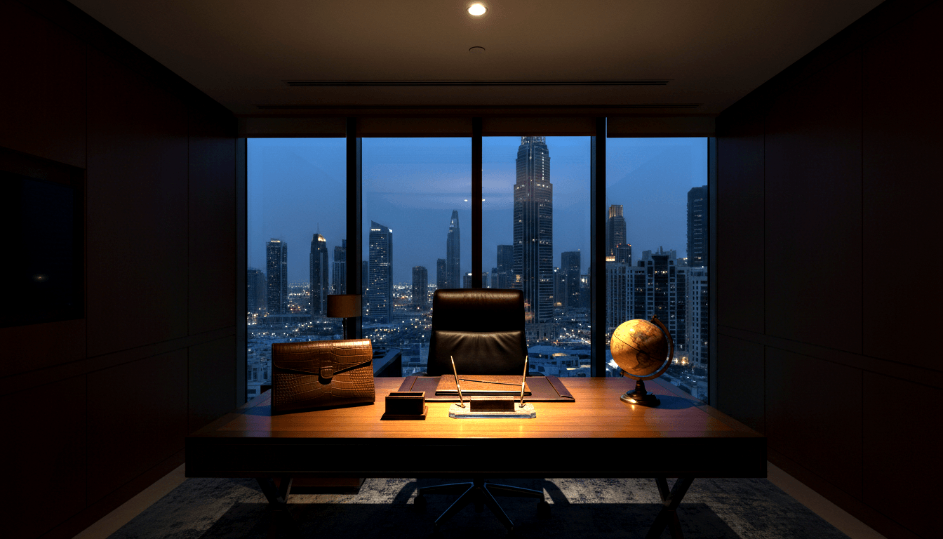 Wooden executive desk with leather blotter, pens, briefcase, globe; black chair; city skyline at dusk through floor-to-ceiling windows.