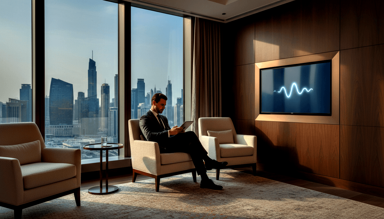 Man in dark suit sits cross-legged in cream armchair using a tablet, corner floor-to-ceiling windows revealing urban skyline.