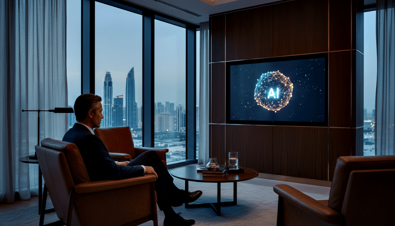 Man in navy suit sits cross-legged in leather armchair watching wall-mounted TV showing glowing AI network graphic, twilight skyline behind.