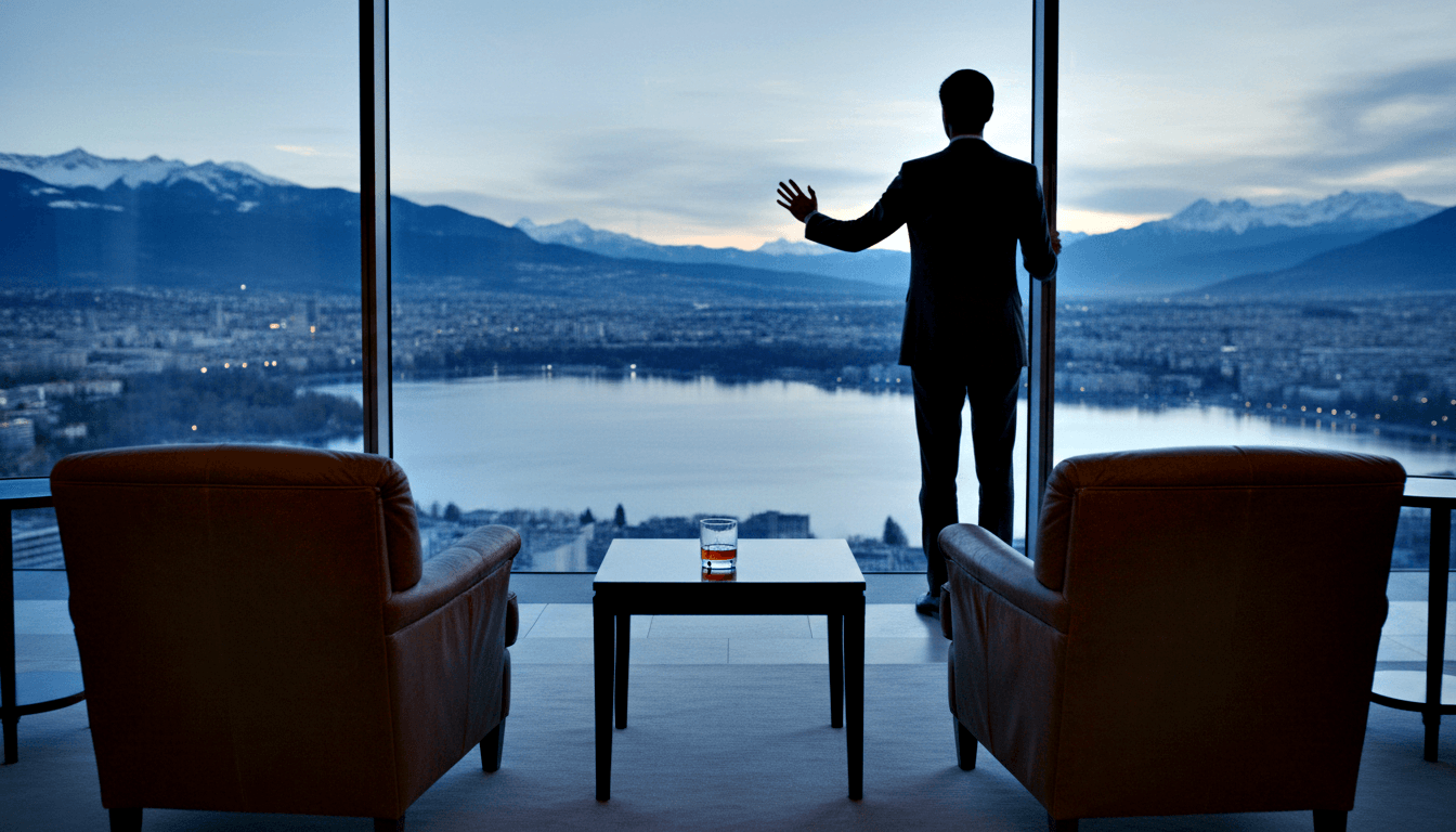 Suited silhouette at glass window overlooking city, water, and snowy mountains; leather armchairs and amber drink in foreground.