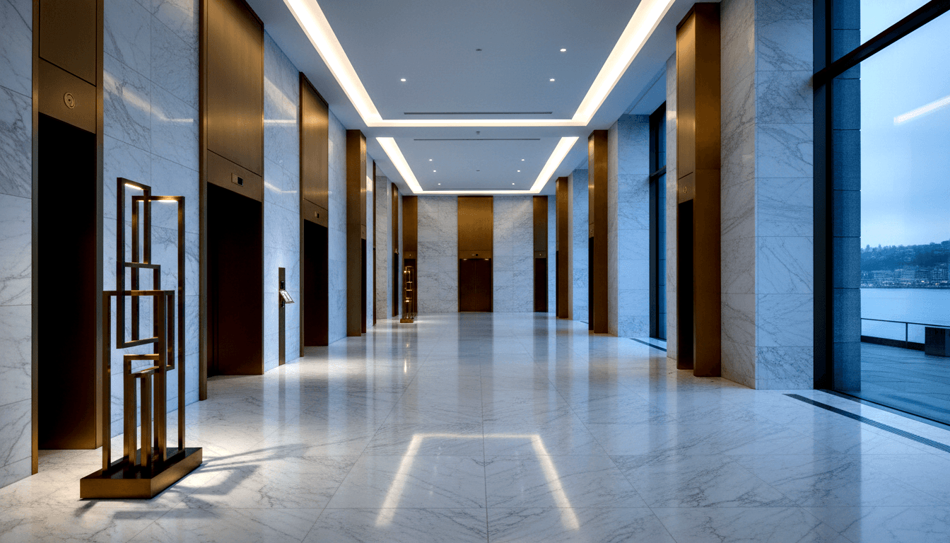 Long marble corridor with dark brown elevator doors, brass sculpture in foreground, and floor-to-ceiling windows revealing a waterfront at dusk.