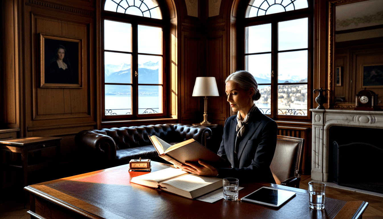 Silver-haired woman in navy blazer reads an open book at a mahogany desk in a wood-paneled office with arched windows.