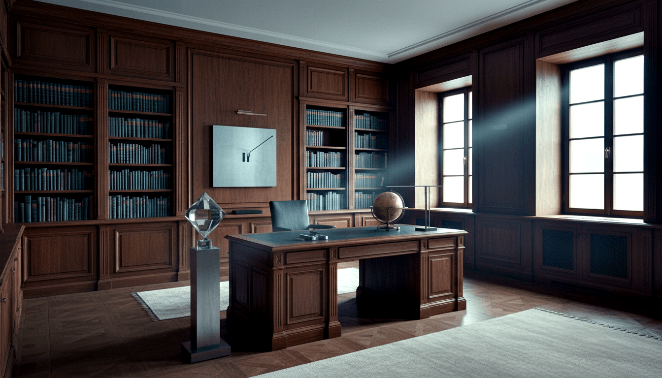 CGI executive office with carved mahogany desk, dark teal chair, globe, wood-paneled walls, built-in bookshelves, and abstract canvas.