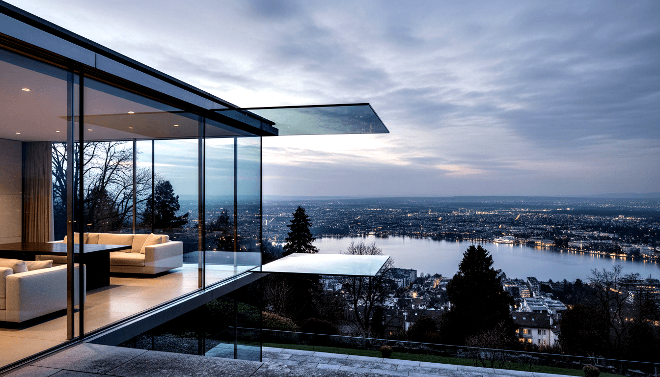 Glass-walled villa with cantilevered roof and concrete terrace beside winter trees and a twilight cityscape with curved lake.