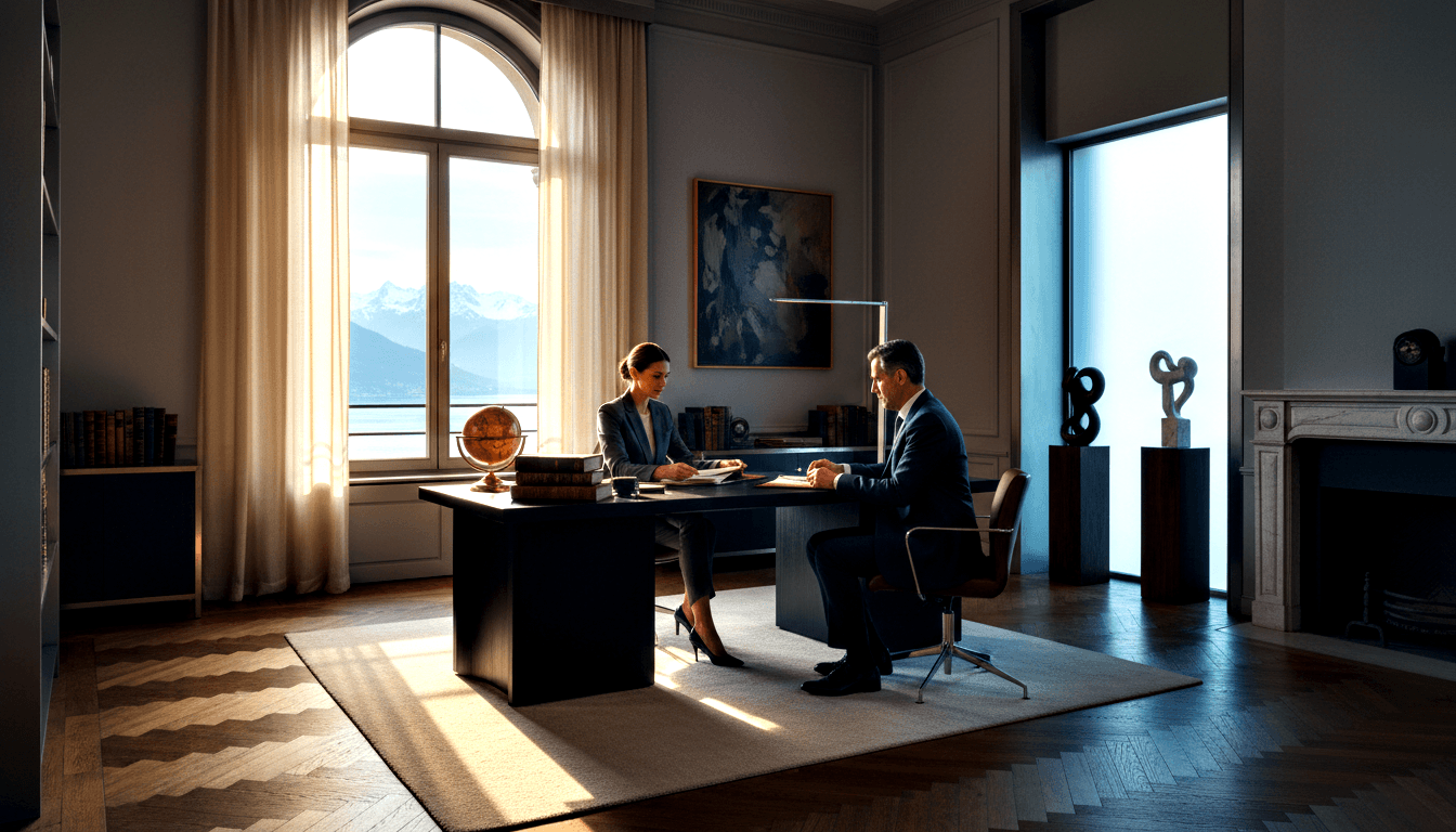 Woman in dark business suit and middle-aged man in navy suit sit across an executive desk with documents in an ornate office.