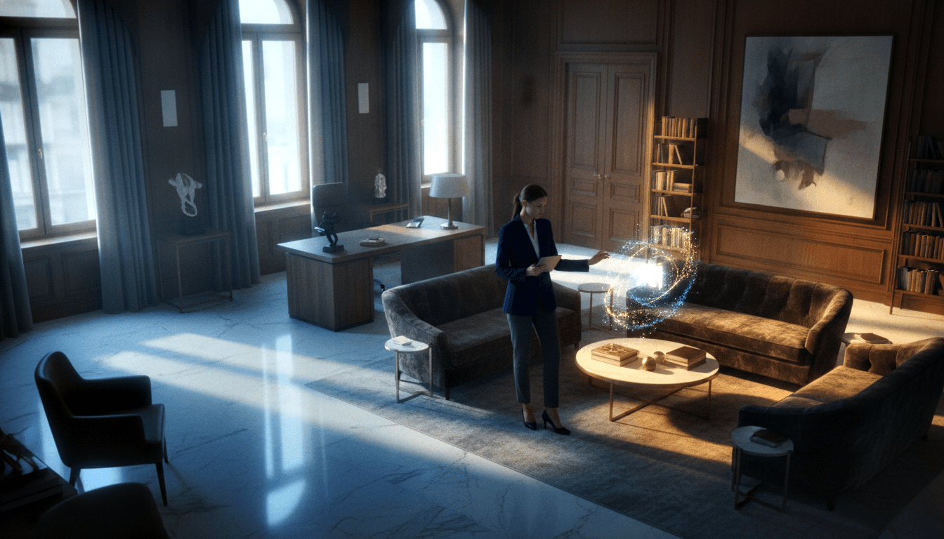 Dark-haired woman in navy blazer holds a flat device emitting swirling blue-white particles in a grand wood-paneled room with marble floors.