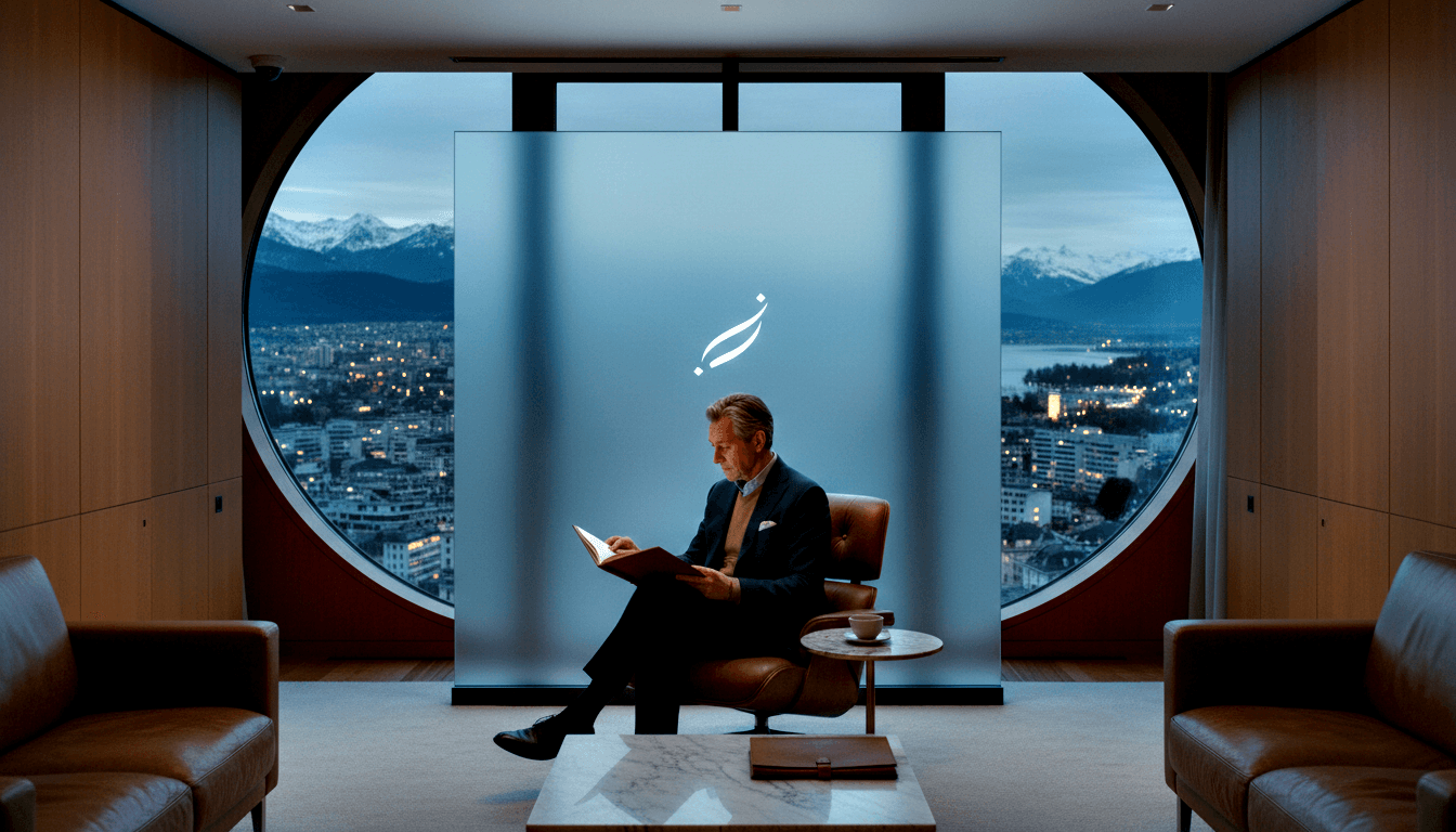Man with silver-blonde hair reads in cognac leather armchair; circular window reveals twilight cityscape with snow-capped mountains.