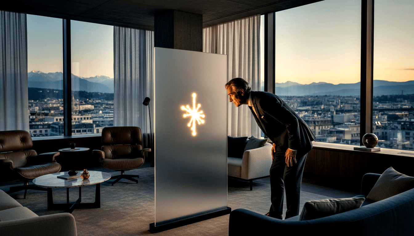 Man in dark suit examines glowing starburst frosted glass partition; leather armchairs and dusk cityscape behind him.
