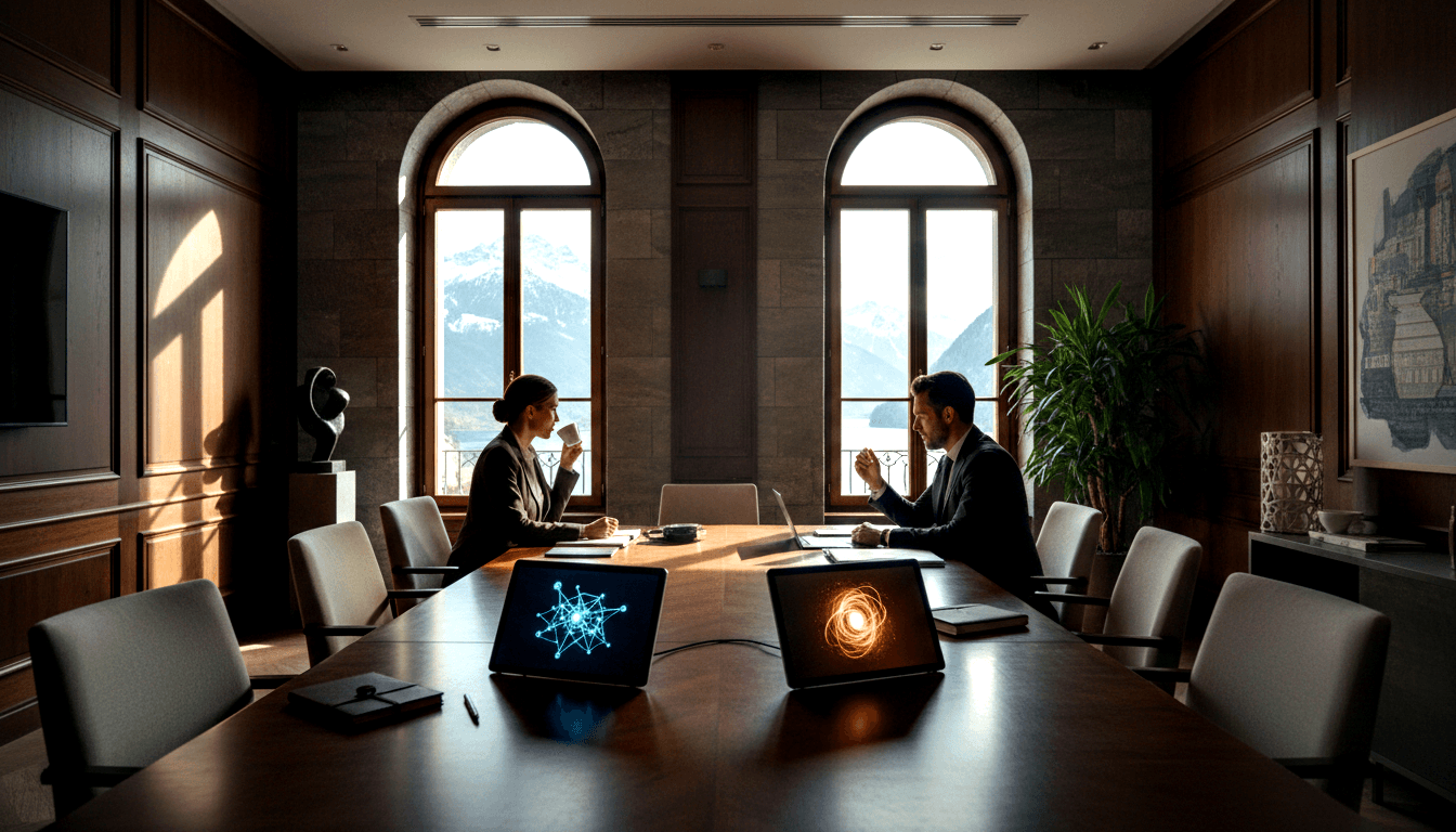 Wood-paneled boardroom with two people at a conference table; foreground laptops display blue molecular network and amber vortex graphics.