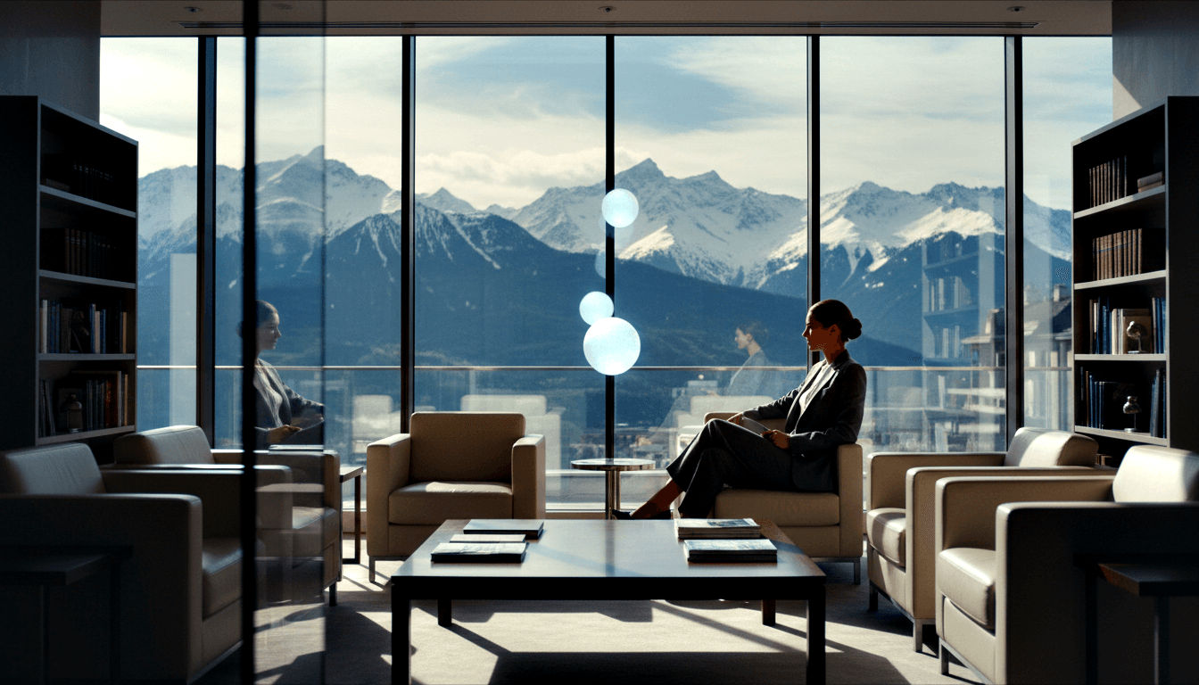 Woman in dark professional attire seated in cream armchair; floor-to-ceiling windows reveal snow-capped mountains and skyline behind her.