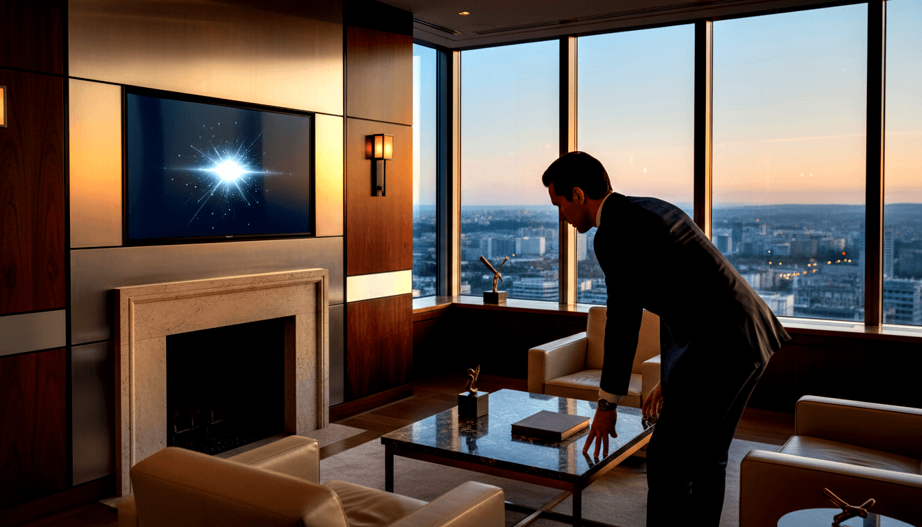 Dark-haired man in navy suit leans over glass-topped marble coffee table in high-rise room with floor-to-ceiling city-skyline windows at dusk.