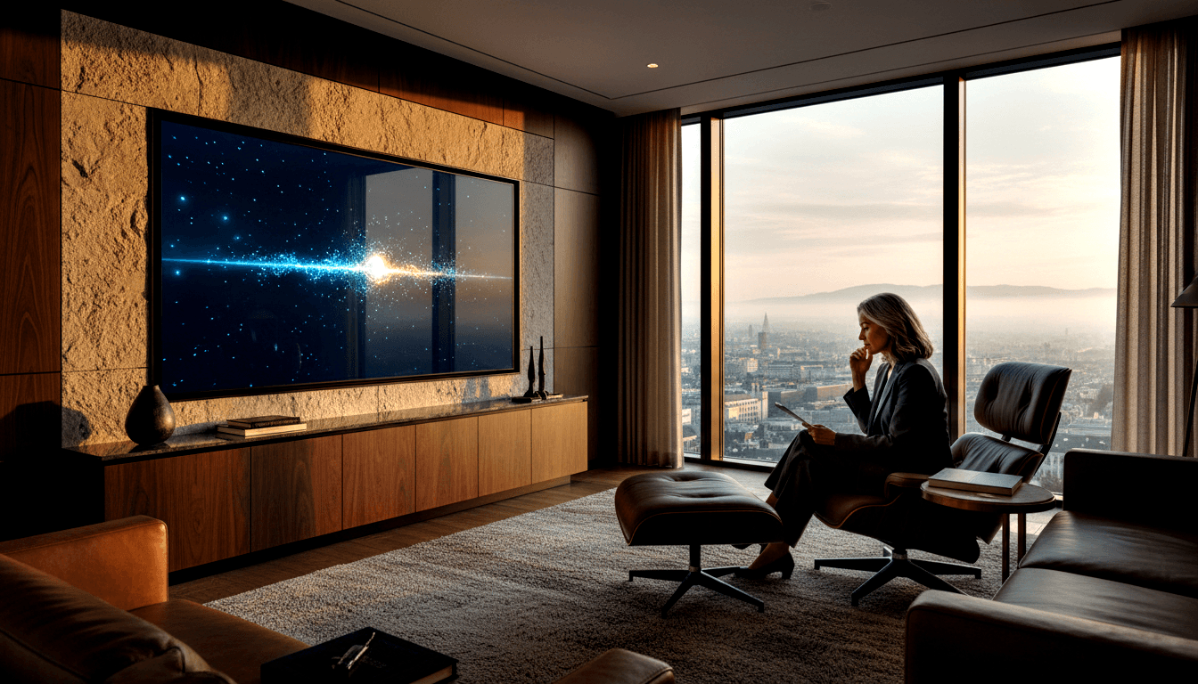 Woman with gray-streaked hair in dark blazer sits in leather chair holding tablet, panoramic dusk cityscape windows behind her.