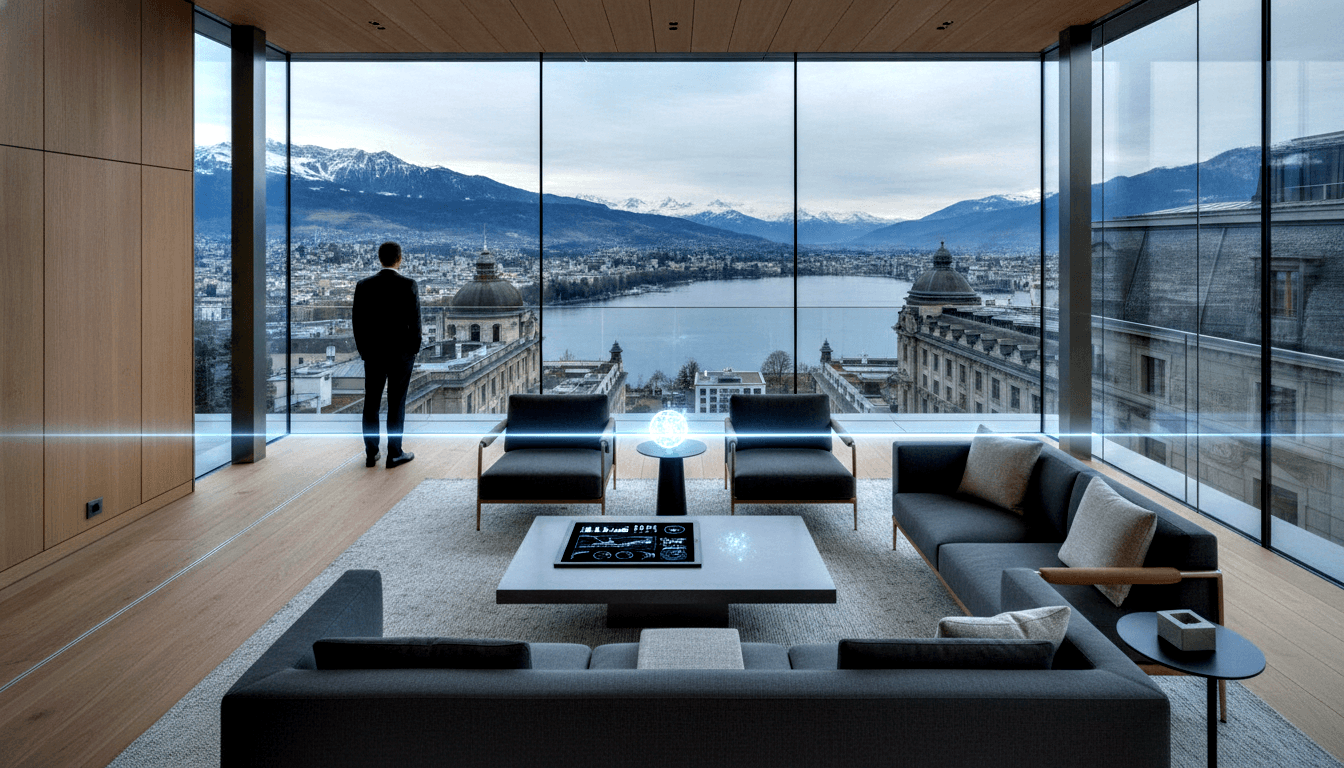 CGI high-rise interior with oak walls, hardwood floors, and floor-to-ceiling glass overlooking city, lake, and snow-capped mountains.