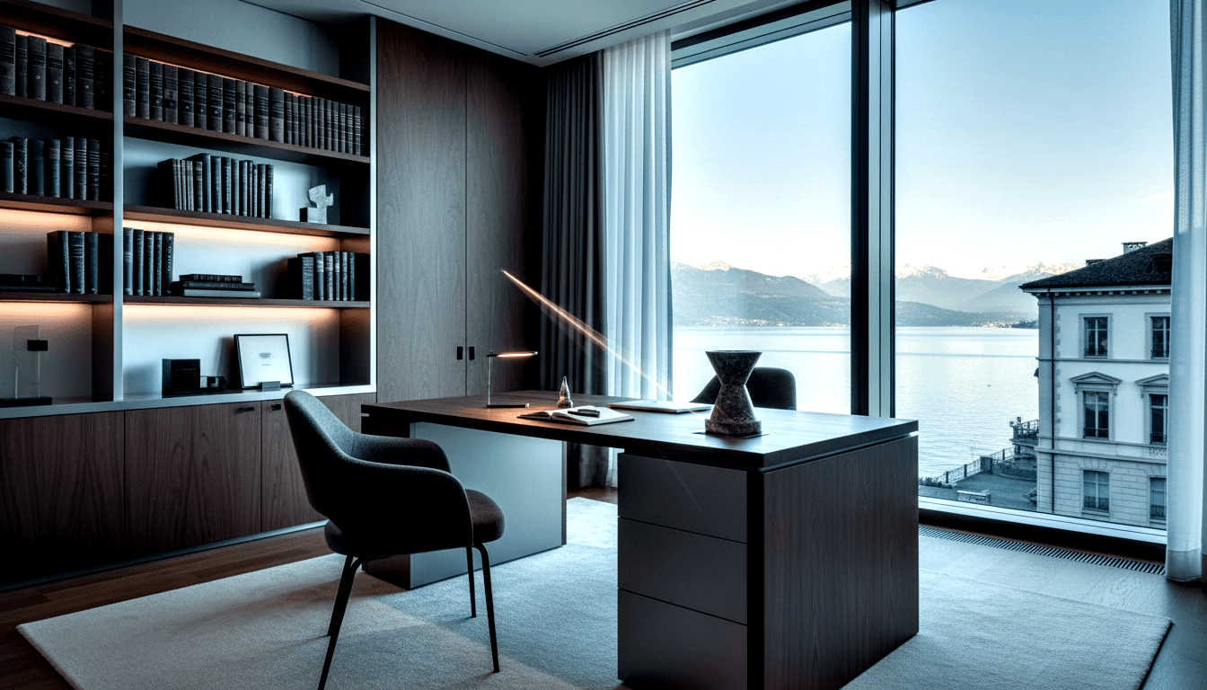 CGI office: walnut desk, amber-lit built-in shelves, dark chairs, sheer curtains framing lake and snow-capped mountain view.