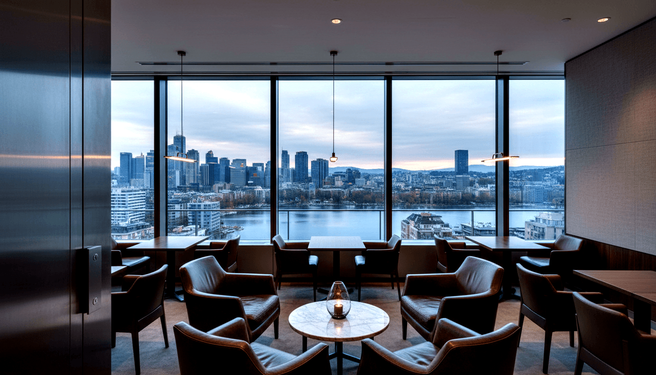 High-rise lounge with brown leather armchairs, marble table with lit candle, city skyline visible through floor-to-ceiling windows.