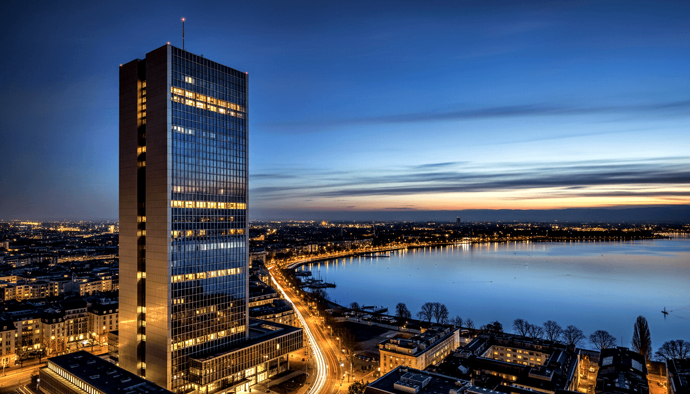 Glass skyscraper with red aviation lights at crown beside a waterway mirroring amber city lights at blue-hour twilight.