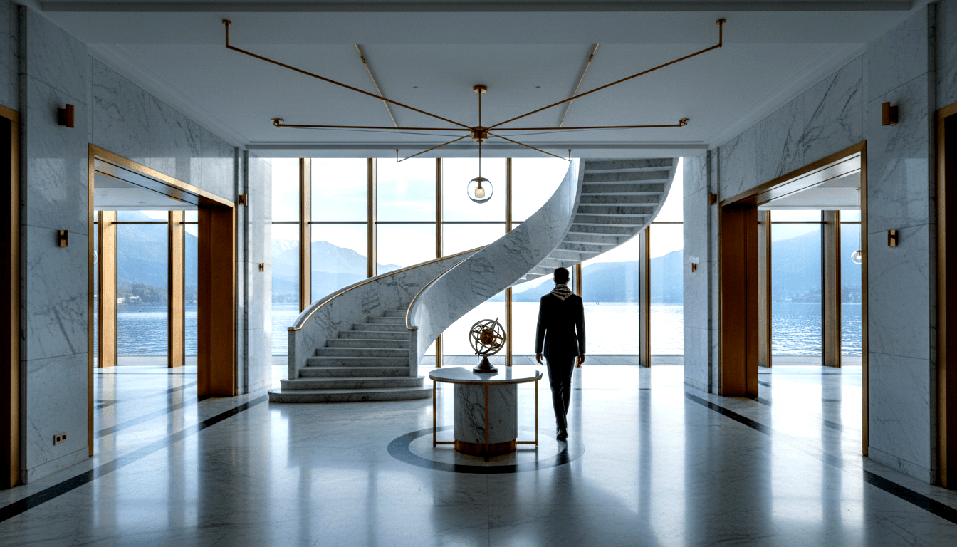 Marble lobby with spiral staircase, brass railings, armillary sphere on pedestal, person in dark suit walking toward lake-mountain windows.