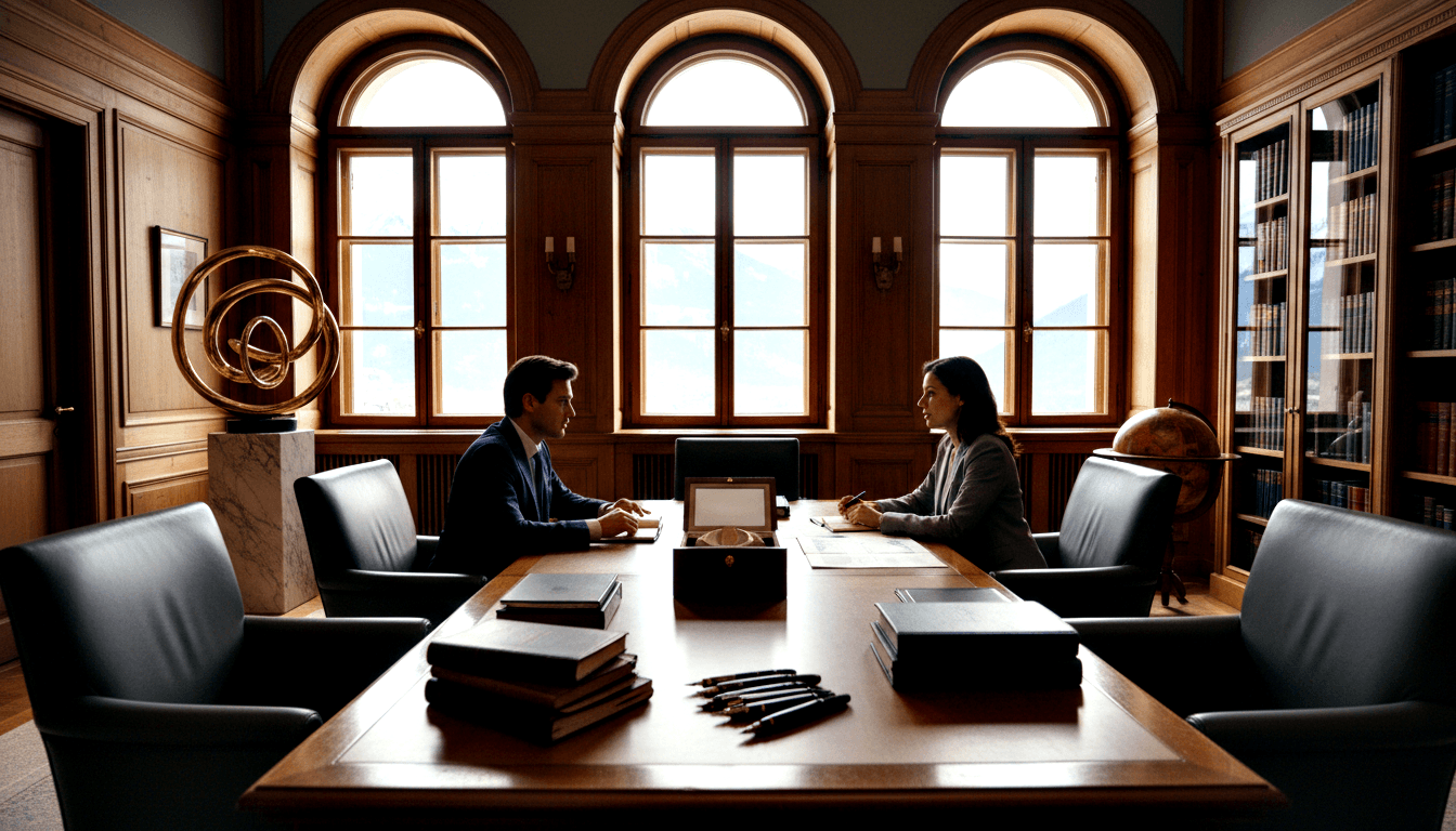 Man in navy suit and woman in gray blazer review documents across a mahogany table in a wood-paneled room.