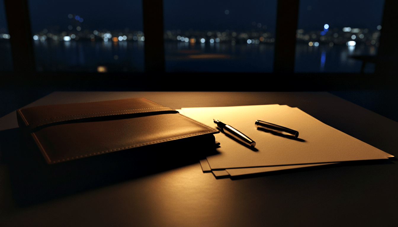 Dark leather notebook with cream blank pages and a silver fountain pen with separated cap on a black desk, lit by warm golden light.
