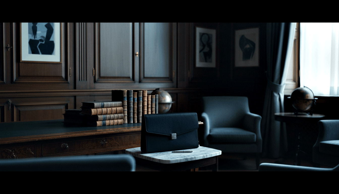 Dark navy leather document clutch with silver clasp on marble-topped side table, pen beside it, dark walnut paneled room.