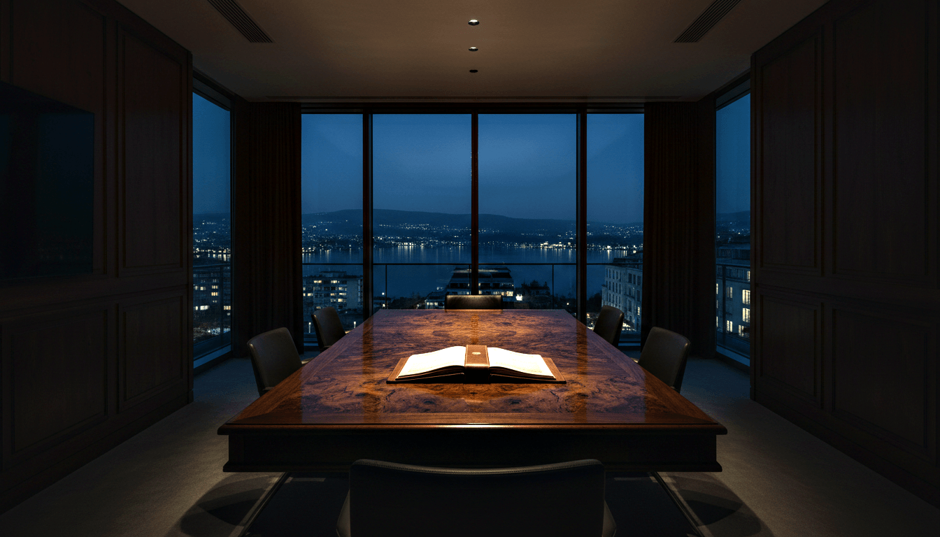 Dark executive boardroom at night: burl wood table, glowing open book, leather chairs, waterfront cityscape beyond floor-to-ceiling windows.