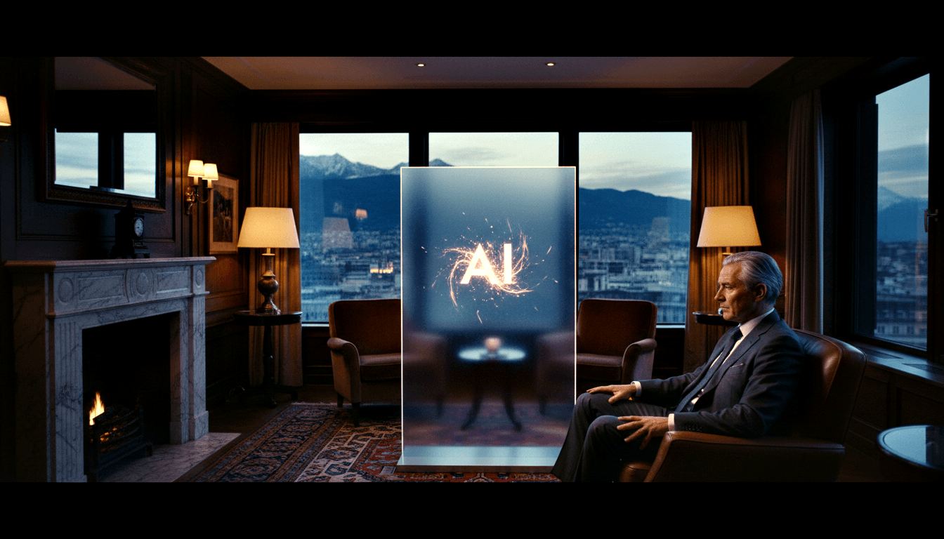 Silver-haired man in dark suit sits in leather armchair facing a glowing holographic panel; marble fireplace, city skyline at dusk visible.