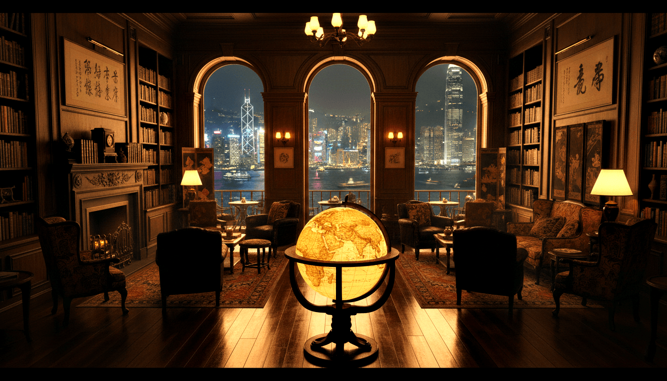 Private library: illuminated globe, bookshelves, fireplace, chandelier, calligraphy scrolls; arched windows show nighttime harbor.