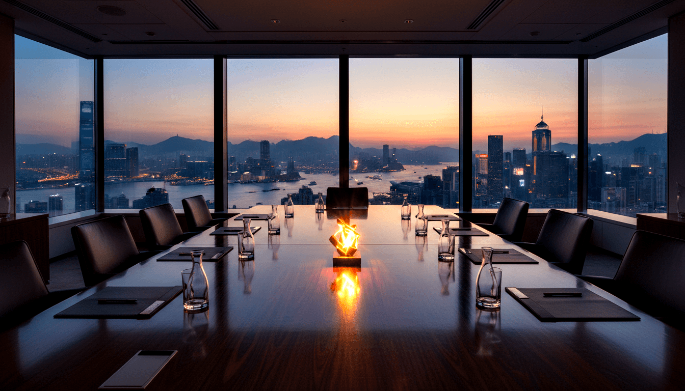Conference table with leather chairs and fire sculpture; floor-to-ceiling windows show harbor and mountains at twilight.
