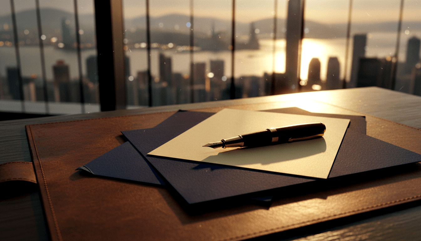 Fountain pen with gold nib and dark barrel resting diagonally on blank cream paper atop a navy folder on a brown leather desk pad.