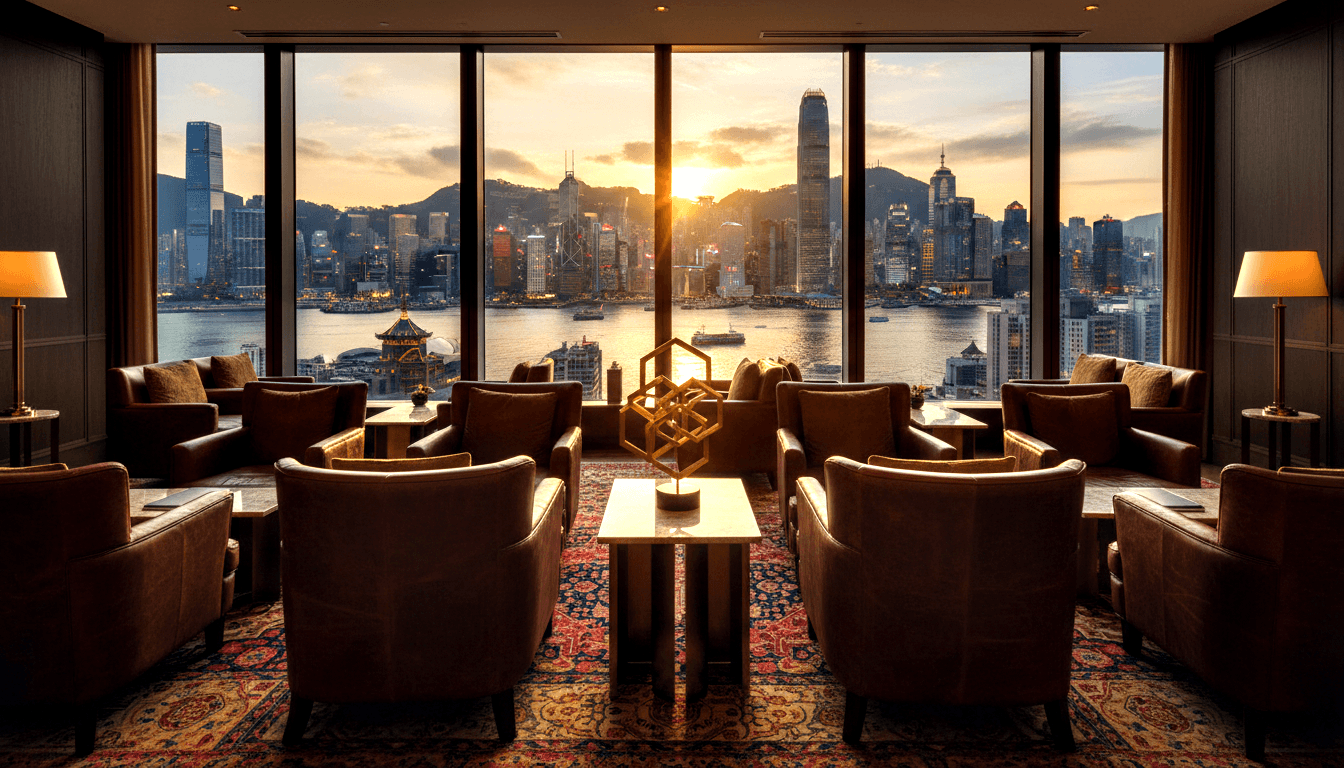 High-floor lounge with leather armchairs around a marble table, floor-to-ceiling windows framing a panoramic harbor view at golden hour.