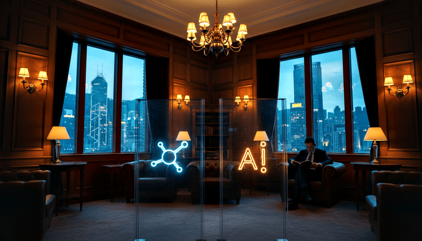 Dark wood-paneled lounge with cyan molecular diagram and amber emblem on glass panels; man in suit reading in armchair by city skyline windows.