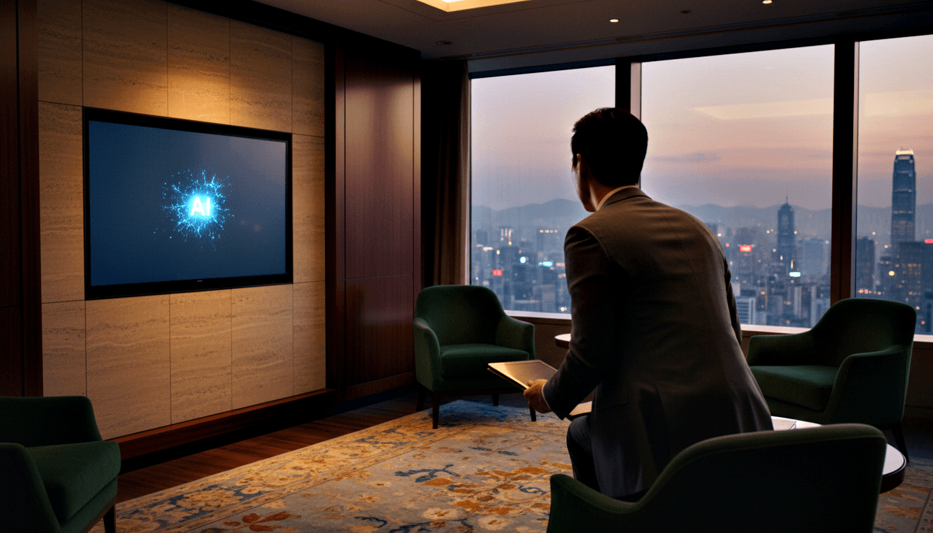 Man in dark suit seen from behind in high-floor lounge with cyan 'AI' screen, marble walls, city skyline at twilight.