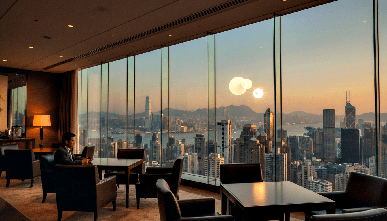 High-rise lounge with floor-to-ceiling glass, harbor and mountain skyline at golden hour; man in dark suit works on laptop.