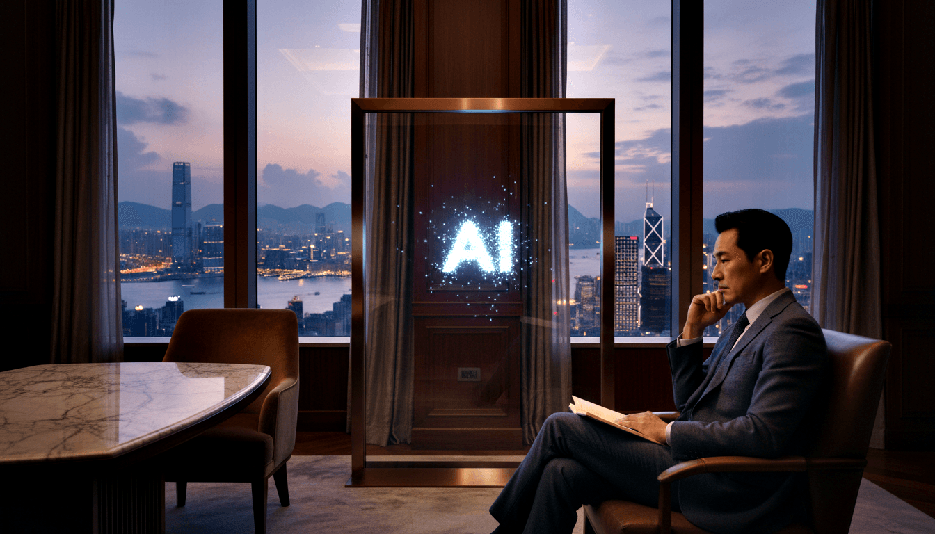 Middle-aged East Asian man in grey suit sits in leather armchair, chin on hand, holding a document, facing a glowing blue-white display case.