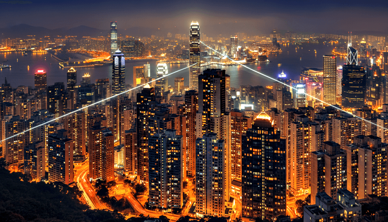 Nighttime cityscape of dense skyscrapers in amber light, central tower with X-pattern searchlight beams, harbor with gold reflections.