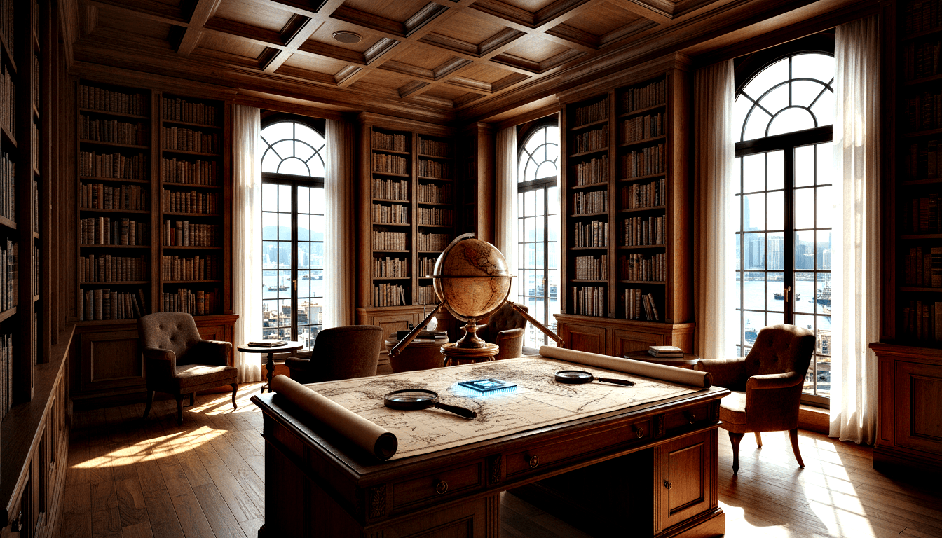 CGI library: mahogany bookshelves, coffered ceiling, parquet floors, desk with parchment map, magnifying glasses, glowing blue object.