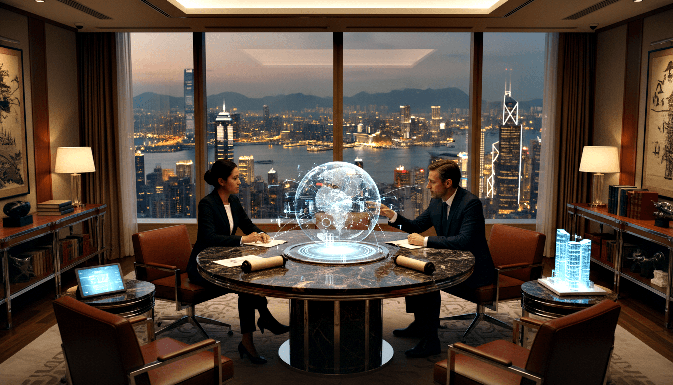 Woman and man in dark attire meet at marble table with blue holographic globe in wood-paneled office overlooking night harbor.